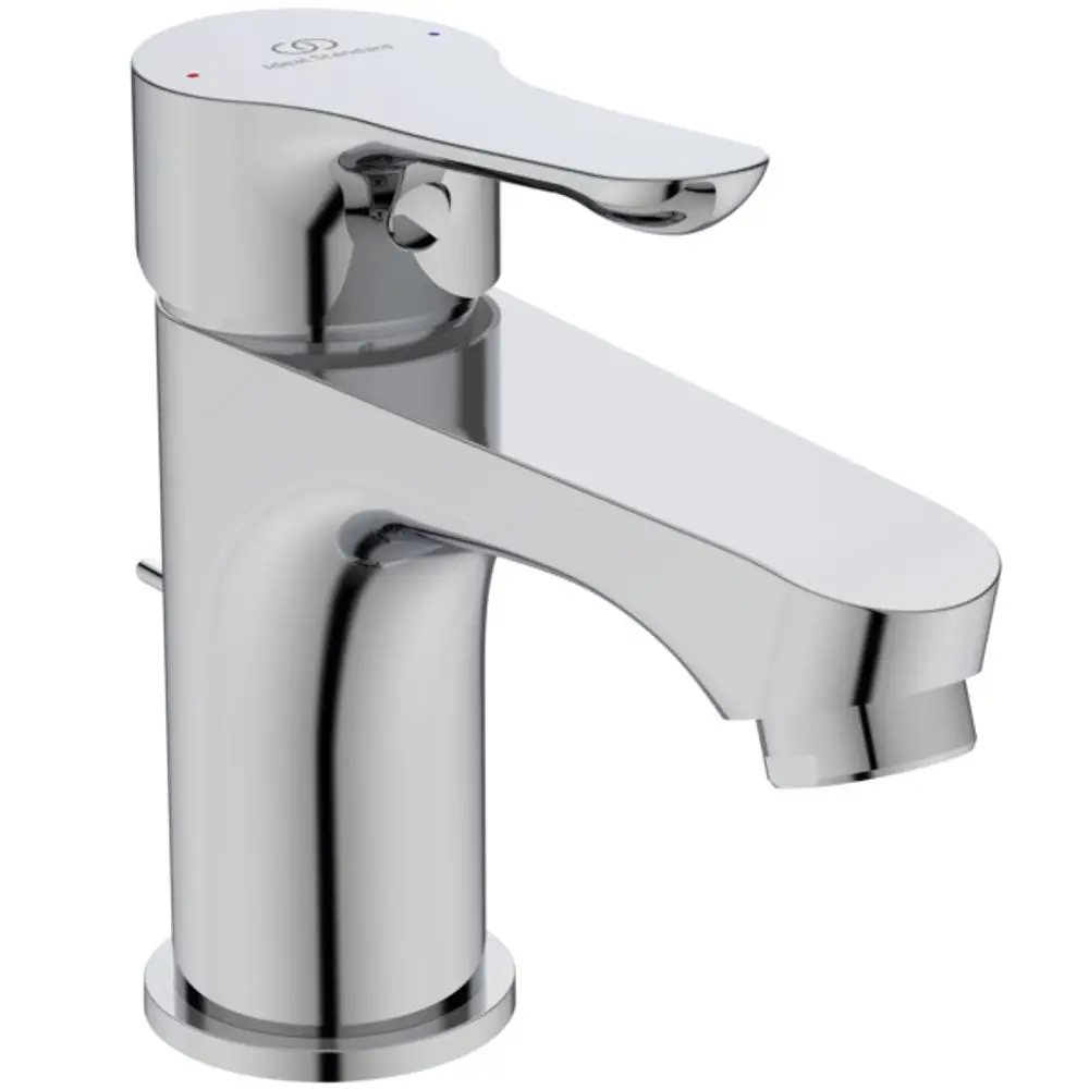 Waschtischarmatur in Chrom von Ideal Standard, mit einem flachen Auslauf und einem Hebel zur Temperatur- und Durchflusssteuerung.